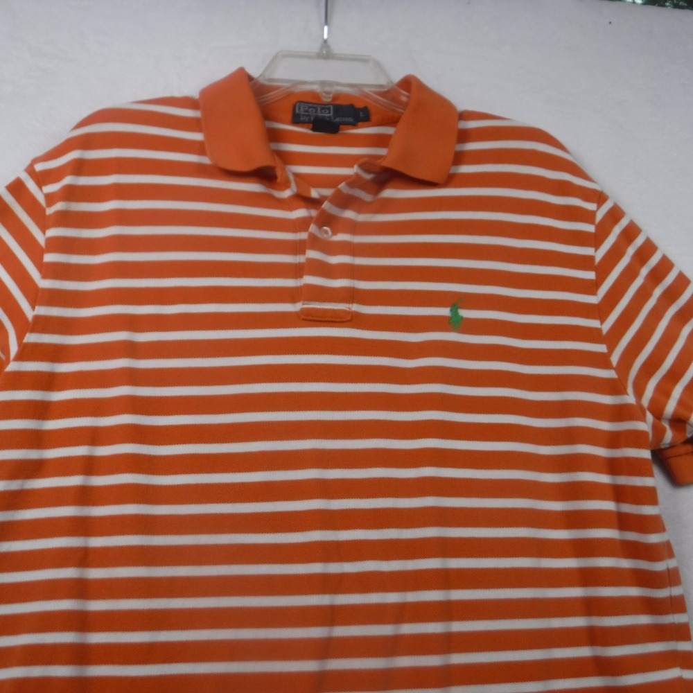 Polo Ralph Lauren Mens Large Orange White Striped Short Sleeve Cotton Polo Shirt